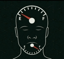 a drawing of a man 's head with a fuel gauge pointing to the middle