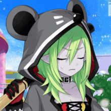 a girl with green hair is wearing a mouse hoodie