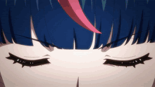 a close up of a girl 's face with her eyes closed and a pink ribbon in her hair