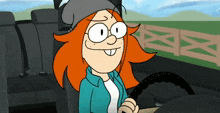 a cartoon character is driving a car and smiling