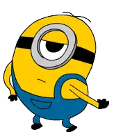 a cartoon drawing of a yellow minion wearing blue overalls and a black belt