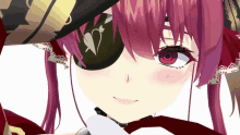 a close up of a girl with red hair wearing an eye patch with a heart on it