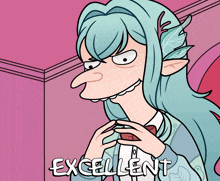 a cartoon drawing of a girl with a long nose and the words excellent below her