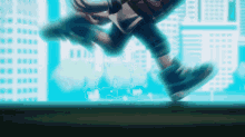 a cartoon character is running in front of buildings