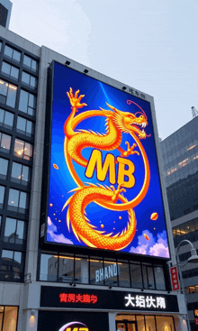a large billboard on the side of a building that says mb on it