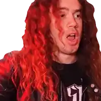 a man with red hair is wearing a black shirt with the letter g on the front