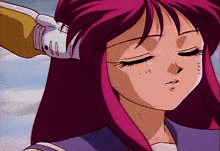 a girl with pink hair has her eyes closed and a hand behind her ear