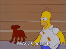 a cartoon of homer simpson standing next to a brown dog that says " damn straight "