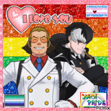a couple of men standing next to each other with a heart saying i love you