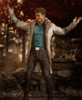 a man with his arms outstretched is wearing a white fur coat