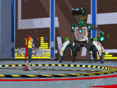 a cartoon drawing of a robot and a man standing in front of a sign that says nerd channel