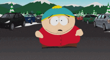 a cartoon character from south park is standing in a parking lot surrounded by cars