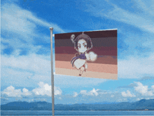 a flag with a cartoon character on it is flying in the wind