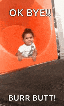 a little girl is sliding down an orange slide with the caption " ok bye burr butt ! "
