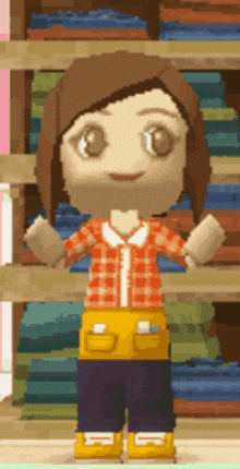 a pixel art of a girl in a plaid shirt and yellow shorts