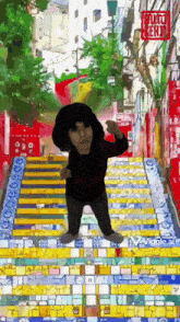 a painting of a boy standing on a set of stairs with a sign that says tokyo zenji