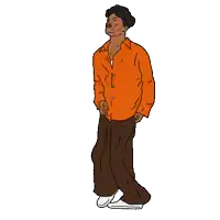 a man in an orange shirt and brown pants stands with his hands in his pockets