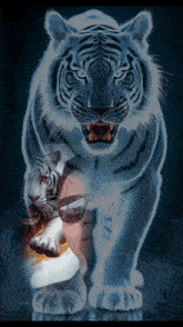 a painting of a white tiger with a woman 's face behind it