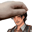 a pixel art of a man being patted on the head by a hand .