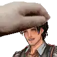 a pixel art of a man being patted on the head by a hand .
