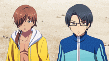 two anime characters are standing next to each other