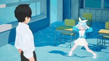 a man and a girl are standing in a room with desks