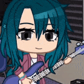 a girl with blue hair is holding a guitar
