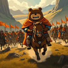 a cartoon of a bear riding a horse