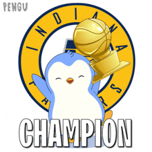 a penguin is holding a trophy in front of a logo that says indiana pacers