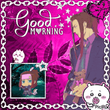a picture of a man holding a teddy bear with the words good morning written above him