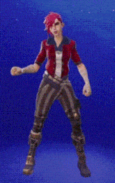 a woman with red hair and striped pants is standing on a blue background .