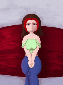 a drawing of a girl laying on a bed with a red blanket