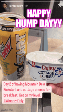 a can of mountain dew and a cup of daisy cottage cheese