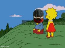 a cartoon of a man laying on the ground next to a girl standing next to him .