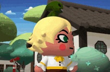 a cartoon character is standing in front of a house with a green monster on his head