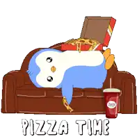 a penguin is laying on a couch with pizza and soda