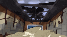a cartoon drawing of a room with a ceiling that has a crack in it