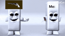 two cartoon characters one with a gun on his head and the other with me written on the side