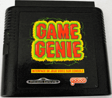 a sega mega drive game genie cartridge sitting on a white surface