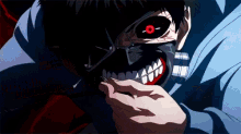 a close up of a person wearing a mask with teeth