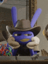a purple bunny wearing a cowboy hat holds its hands to its face