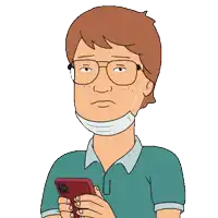 a cartoon of a man wearing a face mask and glasses holding a cell phone