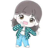 a cartoon drawing of a girl wearing a plaid shirt that says ' eureka ' on it