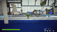 a cartoon character is standing in front of a swimming pool with a sign that says " welcome " on it