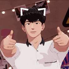 a man with a cat ear on his head giving the thumbs up