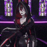 a girl with red hair and a black hood is standing in front of a stained glass window in a dark room .
