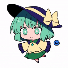 a drawing of a girl with green hair wearing a hat with a yellow bow