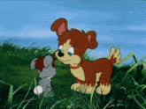 a dog and a rabbit are standing in the grass