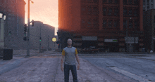 a man is standing in front of a building that has the word atm on it