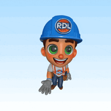a cartoon character wearing a blue hard hat that says rdl on it